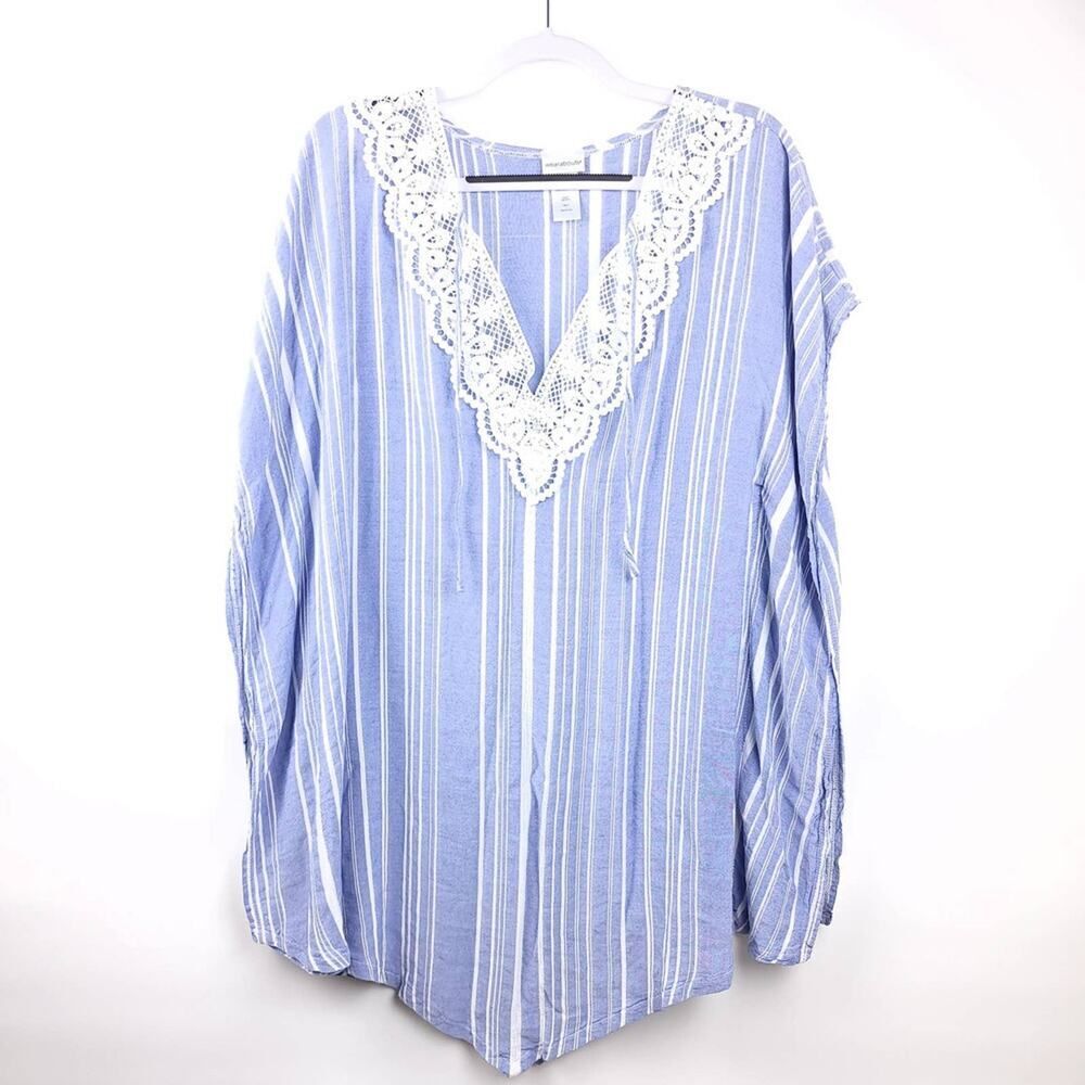 Wearabouts Striped V-Neck Lace Trim Tunic Top SM